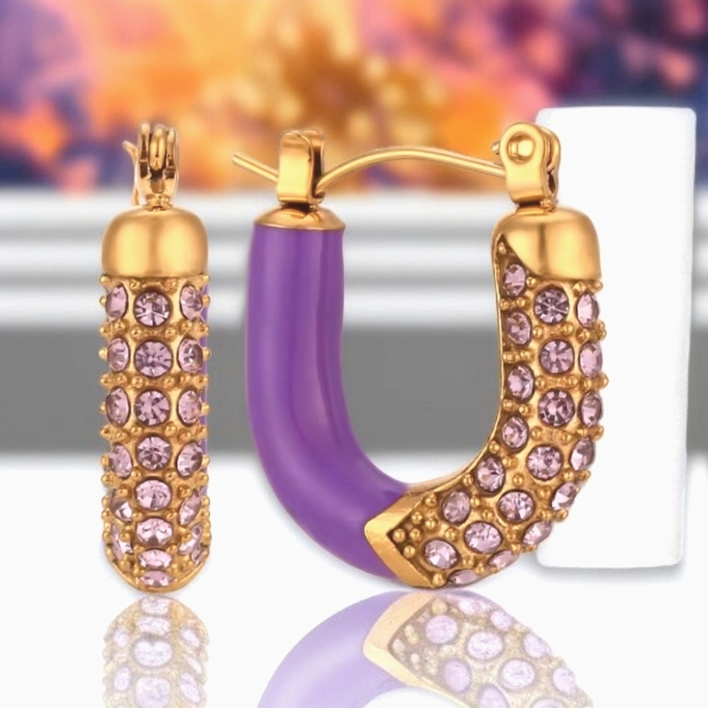 New U Link Purple Enamel & Crystal Hoop Earrings